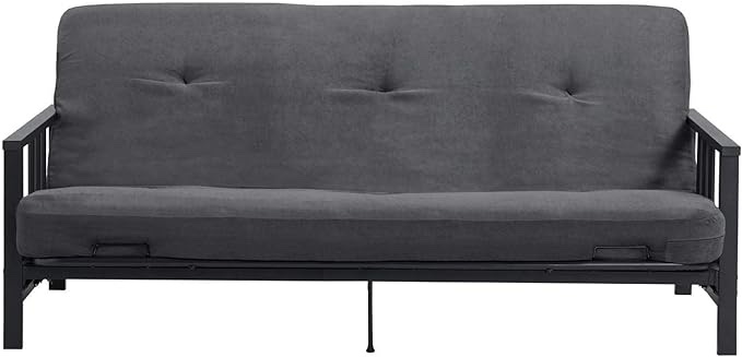 DHP Harlow Metal Arm Futon, Full Size Black Frame with 6" Microfiber Mattress, Grey
