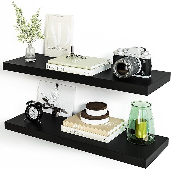 Floating Shelves, Wall Shelf Set of 2, 23.6 Inch Hanging Shelf with Invisible Brackets, for Wall, Bathroom, Bedroom, Toilet, Kitchen, Office, Living Room Decor, Rustic Brown BF60BJ01