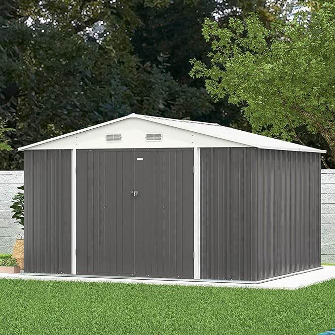 10 ft. W x 8.6 ft. D Silver-Gray Storage Shed Galvanized Metal Shed with Lockable Doors 86 sq. ft. (INCOMPLETE,Box 3/4)