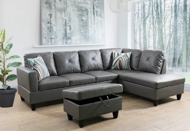 Starhome L Shaped Gray Couch with Ottoman(Pillows Included) Microfiber (Incomplete-no chaise)