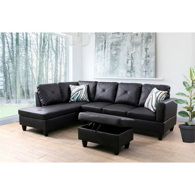 Starhome L Shaped Black Couch with Ottoman(Pillows Included) Microfiber (Incomplete-sofa only)