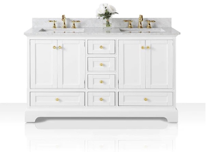 White 4-Door 6-Drawer Bathroom Vanity With White Marble Vanity Top (Incomplete)