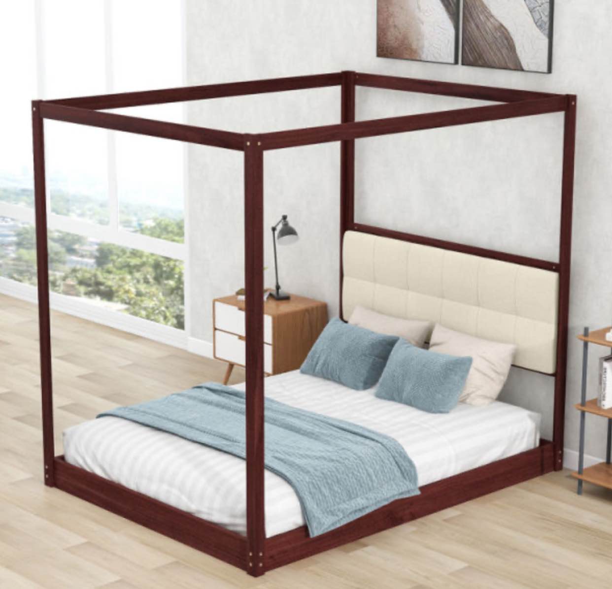 Queen Size Wooden Canopy Platform Bed with Upholstered Headboard (Box 1/2 & 2/2,INCOMPLETE)