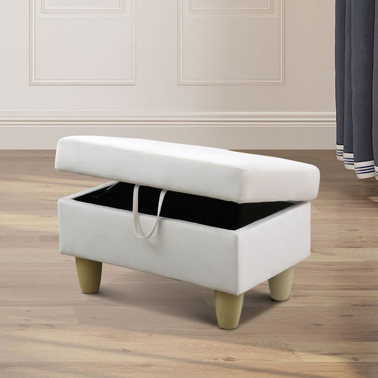 SumKea 28.5'' Ottoman with Storage, Flannel Ottoman Foot Rest for Living Room Upholstered Footstool, Perfect Storage Ottoman Bench Bag Floor Chair for Bedroom or Entryway, White