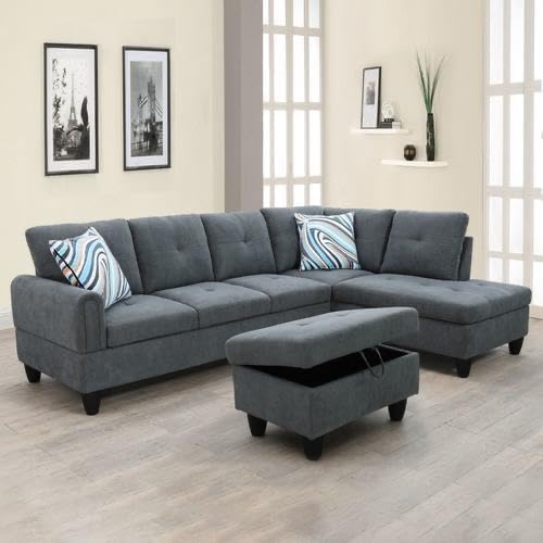 EDWINENE Sectional Sofa with Chaise, Flannel L-Shaped Sofa with Storage Ottoman, Sectional Couche Living Room Furniture Sets, Perfect for Large Space Apartments & Living Room(Dark Grey) ( Incomplete)