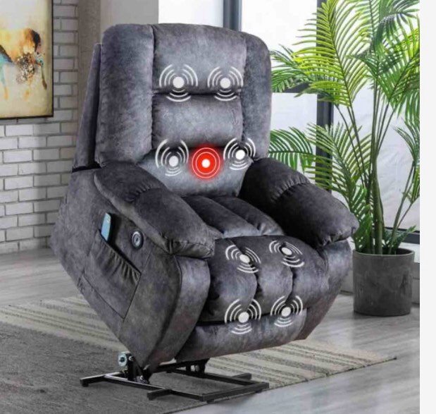 363001468 Ebello Big Power Lift Recliner Chair, Overstuffed Reclining Chair for Adults with Heated Vibration, USB Ports, Massage Remote Control, Grey (incomplete, box 1/3)