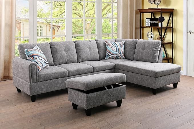 UHOME Section Sofa (Right Facing + Ottoman (3PC), Stone Grey) 9714B-3 ( Incomplete)