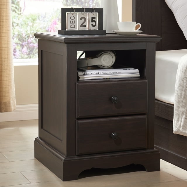 OKD Nightstand with Charging Station for Bedroom, Farmhouse 2 Drawer End Side Table with Storage and Shelf, Espresso