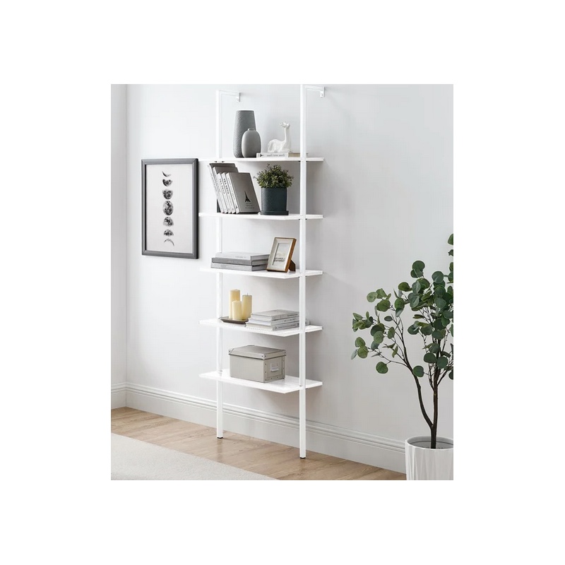 Ktaxon 5-Shelf Industrial Wood Ladder Bookcase with Metal Frame,White
