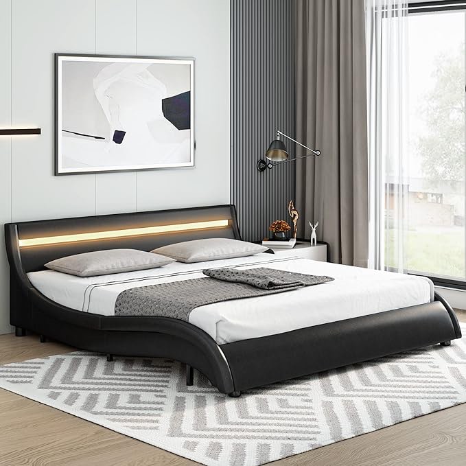 Keyluv Modern Upholstered Platform Bed Frame with LED Lights and Curved Headboard, Faux Leather Wave-Like Platform Bed Frame,Strong Wood Slats Support, Easy Assembly, Black, Queen Size