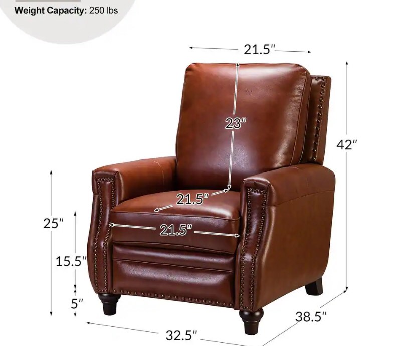 Theresa Comfy Brown Manual 3-Position Cigar Genuine Leather Recliner with Nailhead Trim and Solid Wooden Legs ( Similar ) 