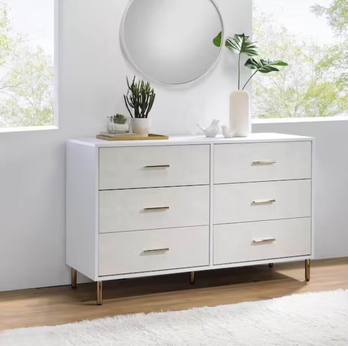 6-Drawer White & Champagne Dresser(47"L x 16"W x 29"H)