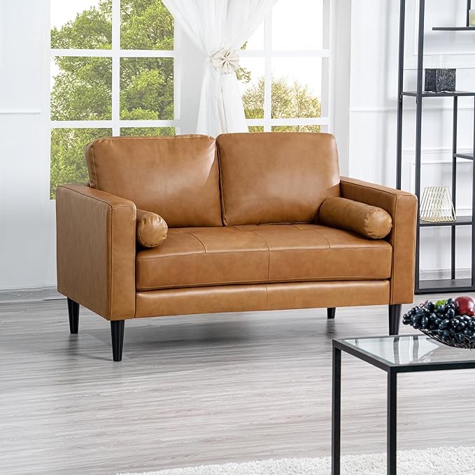 Naomi Home Marisa Top Grain Genuine Mid-Century Leather Loveseat, Mid Century Sleeper Loveseat Tan Sectional Mini Sofa, Small Sofa Bed, Small Loveseat Tan Couch for Living Room, Bedroom Tan