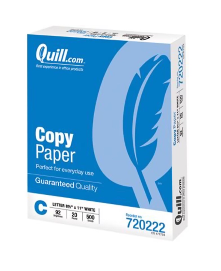 Quill Brand® 8.5" x 11" Copy Paper, 20 lbs., 92 Brightness, 500 Sheets/Ream, 10 Reams/Carton (720222CT)