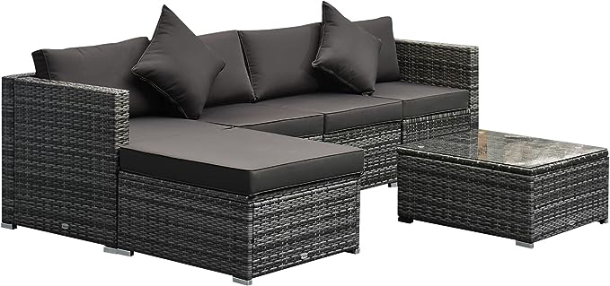 Outsunny 6 Pieces Patio Furniture Sets Outdoor Wicker Conversation Sets All Weather PE Rattan Sectional Sofa Set with Ottoman, Cushions & Tempered Glass Desktop, Charcoal