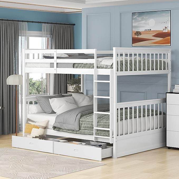 Detachable Bunk Bed with 2 Storage Drawers,Full-Over-Full Bed Frame with Ladders and Full-Length Guardrails for Teens , Bedroom Guest Room,No Box Spring Required (White) (incomplete box 2of 2)