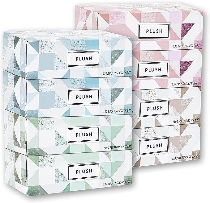 Plush Facial Tissues 230 Per Box Size 7" X 6.9" 2 Ply,Soft, Smooth, Great for Bathroom, Office, Store, School,Home, Kitchen, Or in Your Car & in Every Room, 8 Count