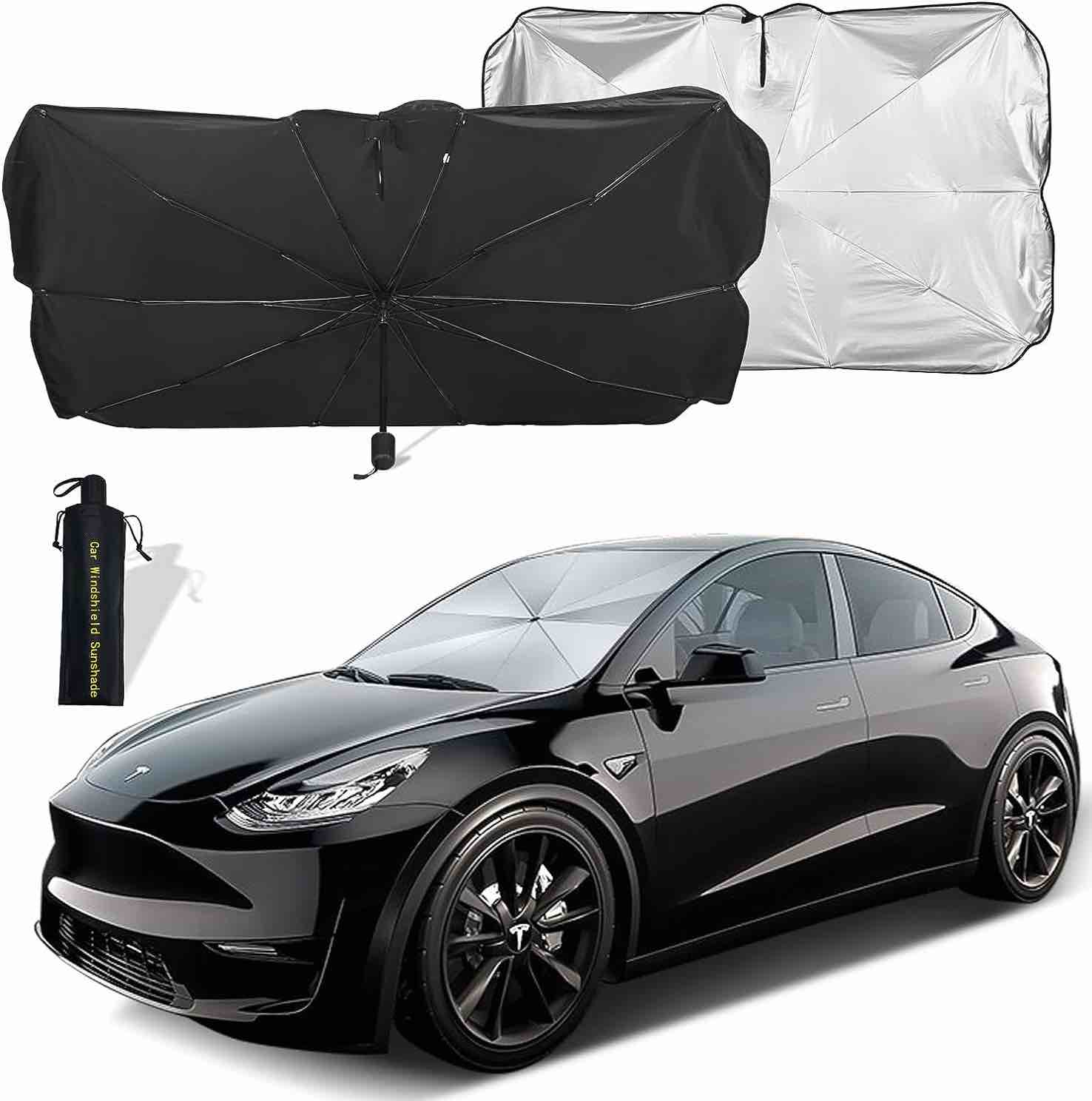 Moyidea Windshield Sun Shade for Car Window Shades Especially for Tesla Model 3/Y Foldable Umbrella Reflective Sunshade for Car Front Window Blocks UV Rays & Heat Keep Car Cool
