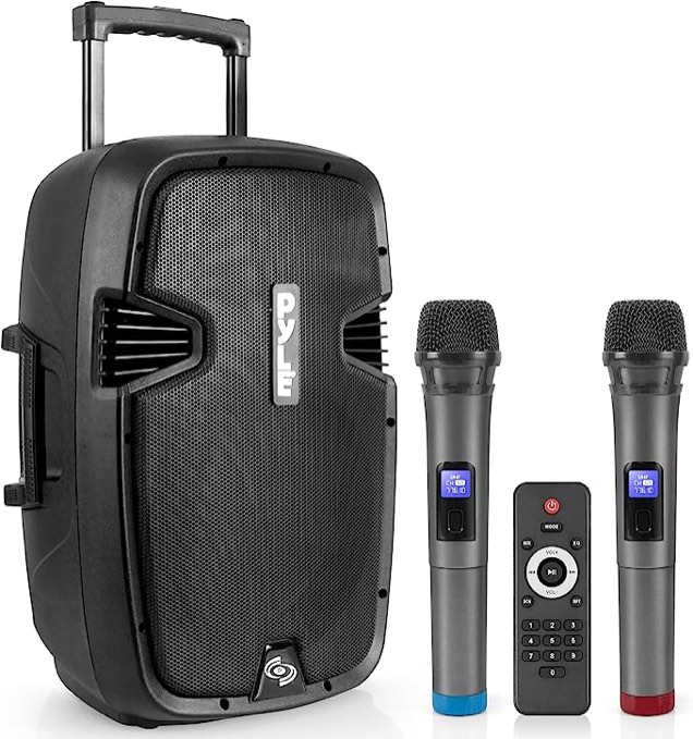 Pyle PPHP1299WU.5 Karaoke Portable PA Speaker System - 1000W Active Powered Wireless Bluetooth Compatible Outdoor Speaker W/Rechargeable Battery, Wheels, USB MP3 RCA, 2 UHF Microphone, Remote, Black