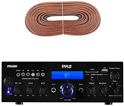 Pyle PDA6BU amplifier receiver stereo, bluetooth, FM radio, USB flash reader, Aux input (3.5mm) LCD display, 200 watt - bundle with Enrock 50 feet 16gauge speaker wire