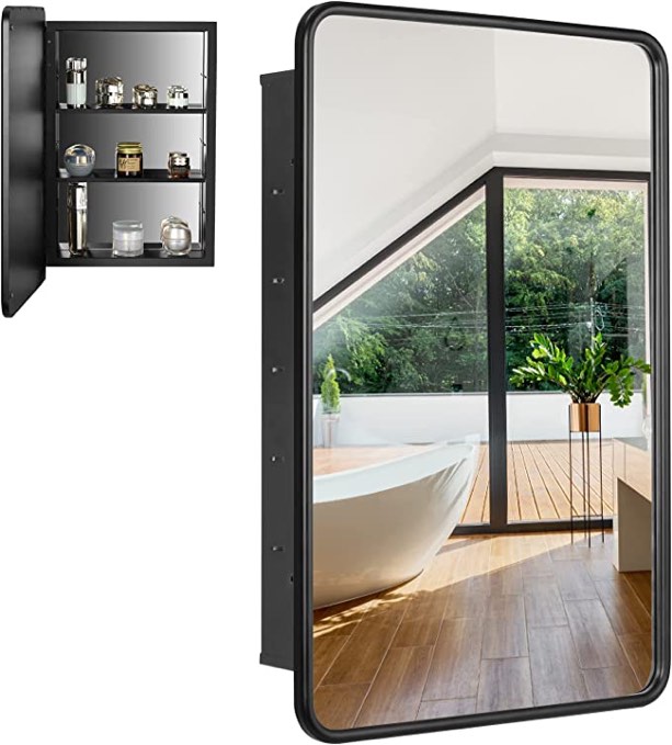 Medicine Cabinets for Bathroom with Mirror, Recessed Medicine Cabinet with Mirror, Black Medicine Cabinet Mirror with Storage, Farmhouse Medicine Cabinet for Bathroom with 2 Adjustable Shelves 16x24In
