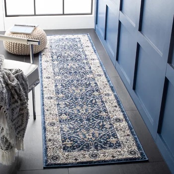 Saltillo Oriental Machine Made Power Loom Area Rug in Navy/Ivory, runner 2x8