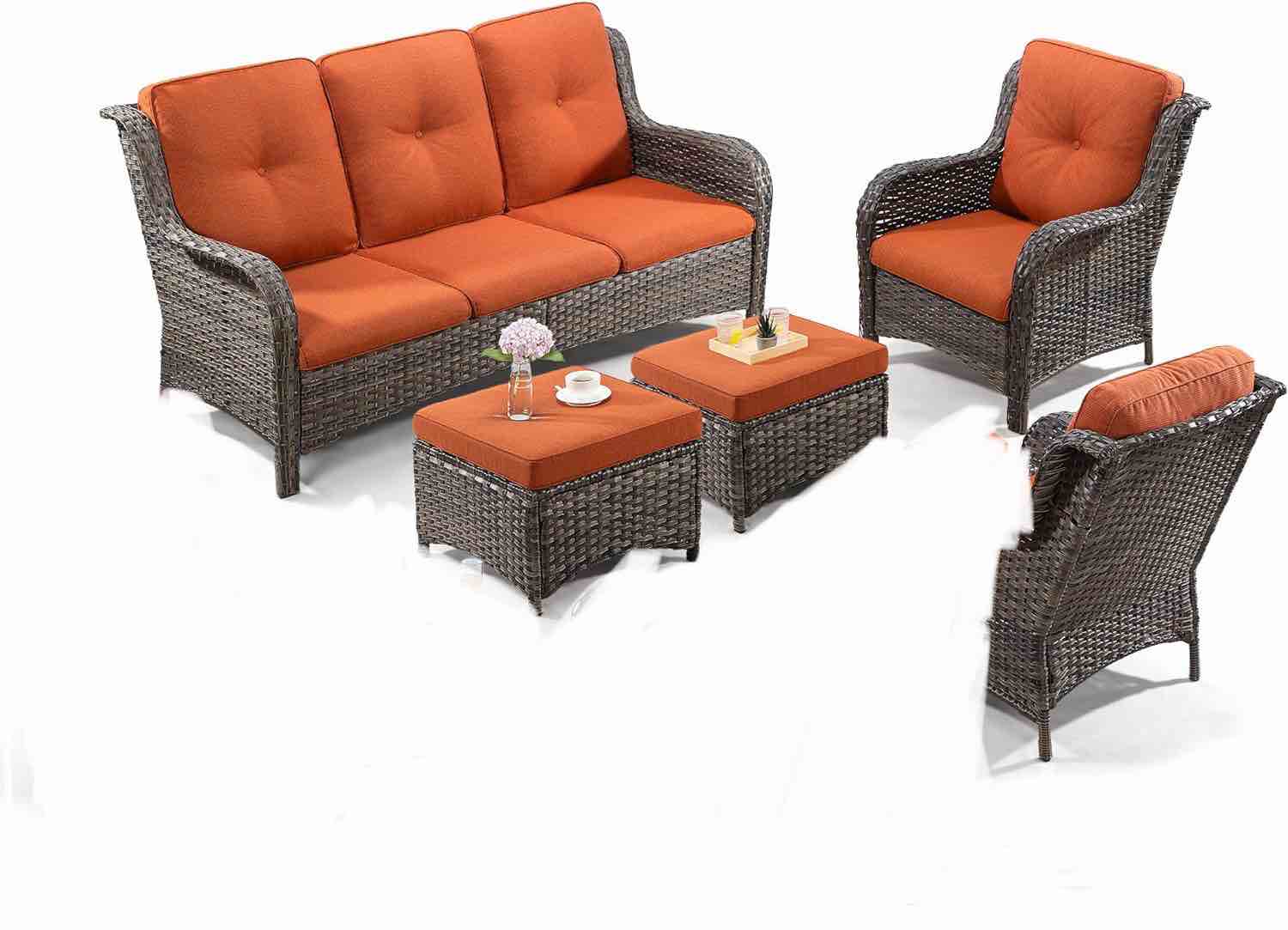 Brown 5-Piece Wicker Outdoor Patio Conversation Seating Set with Green Cushions similar to photo no exactly green not orange 