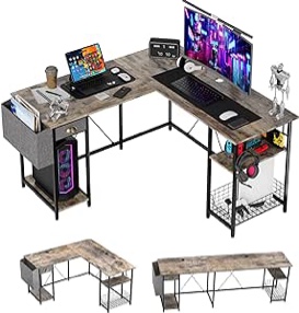 X-cosrack 88.5inch Large L-Shaped Computer Desk with Storage Shelves Drawer, Home Office Writing Corner Desk, 2 Person Long Desk PC Laptop Workstation with Hooks Storage Bag Cable Hole
