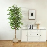 7FT Artificial Ficus Tree with Natural Wood Trunk and Lifelike Leaves, Silk Fake Potted Tree with Wood Branches, Faux Tree for Office Home Decor
