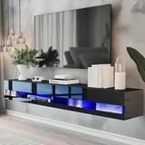 Floating TV Stand for 75 inch TVs, 71in Long Wall-mounted Entertainment Center for Living Room, Modern Black TV Stands with High Gloss Finish and LED Lights, TV Cabinet Media Consloe, Black