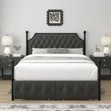 Homfa Queen Canopy Bed Frame with Drawers, Modern Platform Bed with Button Tufted Upholstered Headboard, Canopy Bed Curtain Not Included, Dark Gray