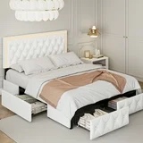 Homfa Queen LED Bed with 4 Drawers, LED Lights Platform Storage Bed Frame with Upholstered Adjustable Button Tufted Headboard, PU White