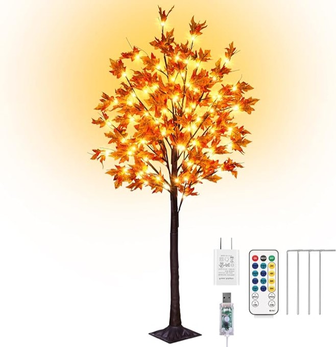 FastDeng 5Ft Fall Maple Tree Light Thanksgiving Decorations, 90 LED