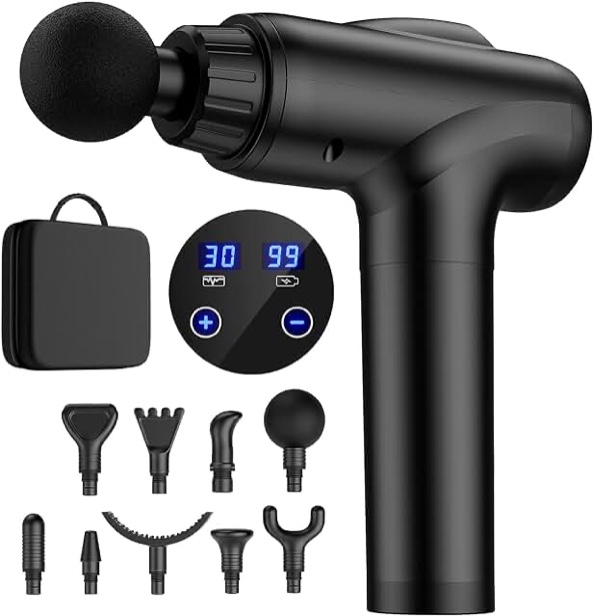 Massage Gun Deep Tissue, Percussion Muscle Massager with 30 Speeds, Quiet Handheld Massagers for Athletes Shoulder Neck Back Relaxation, LCD Touch Screen with 12 Heads (Black)