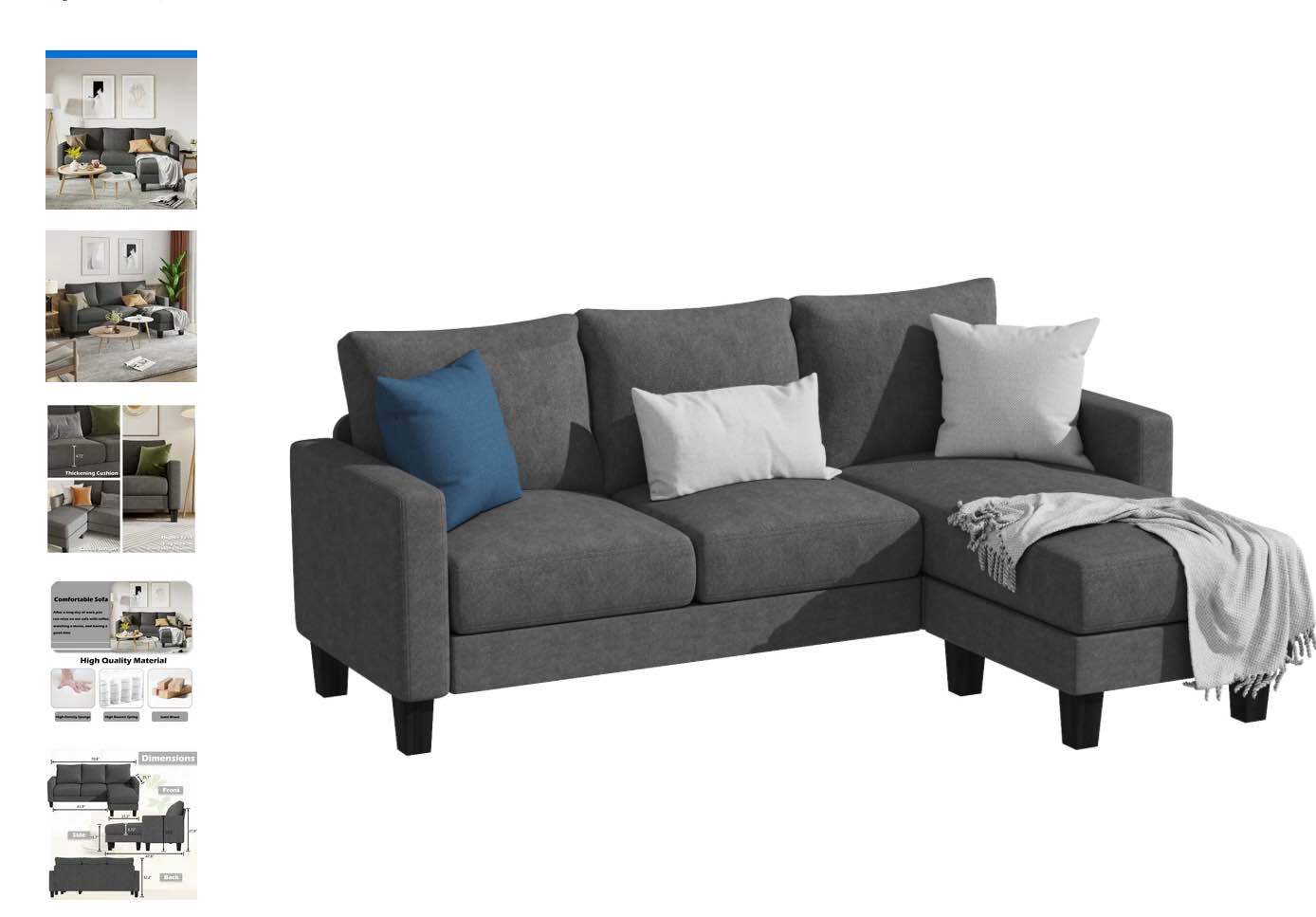 Homall Convertible Sectional Sofa Couch, Modern Linen Fabric L-Shaped Couch 3-Seat Sofa Sectional with Reversible Chaise for Small Living Room, Apartment and Small Space, Dark Gray