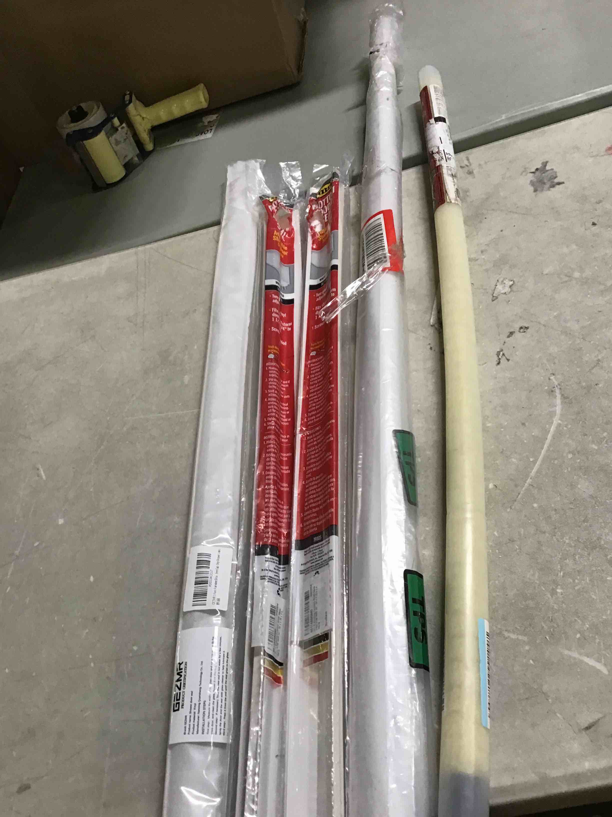Assoted items. frameless,Storm Door Sweep for Exterior Doors ,roller shade.shot gun cleaning tool
