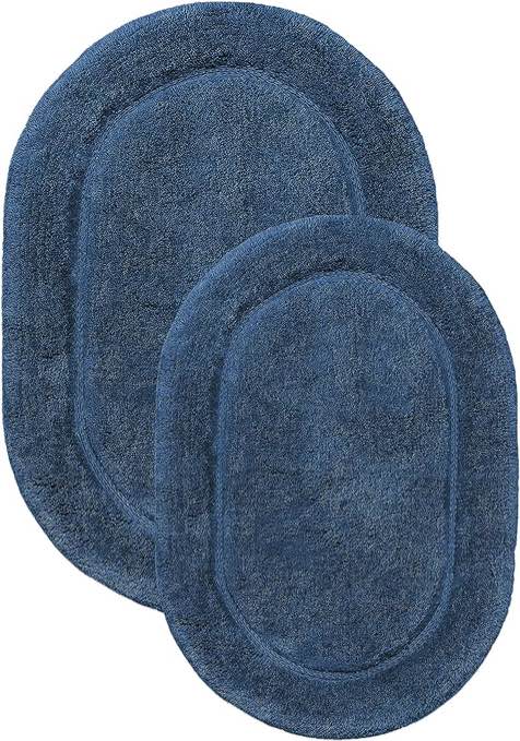 Superior Non-Slip Bath Rug 2-Pack, Ultra Plush, Soft, and Absorbent 100% Combed Cotton Pile - Traditional Oval Bath Mat Set, Sapphire 