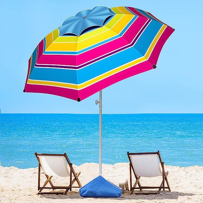 Fisqueen 8FT Large Beach Umbrella, Portable Outdoor Umbrella with UPF50+ UV Protection, Sandbag, Air Vents, Sand Anchor, Push Button Tilt Pole, Windproof Sunshade for Beach, Sand, Patio, Yard