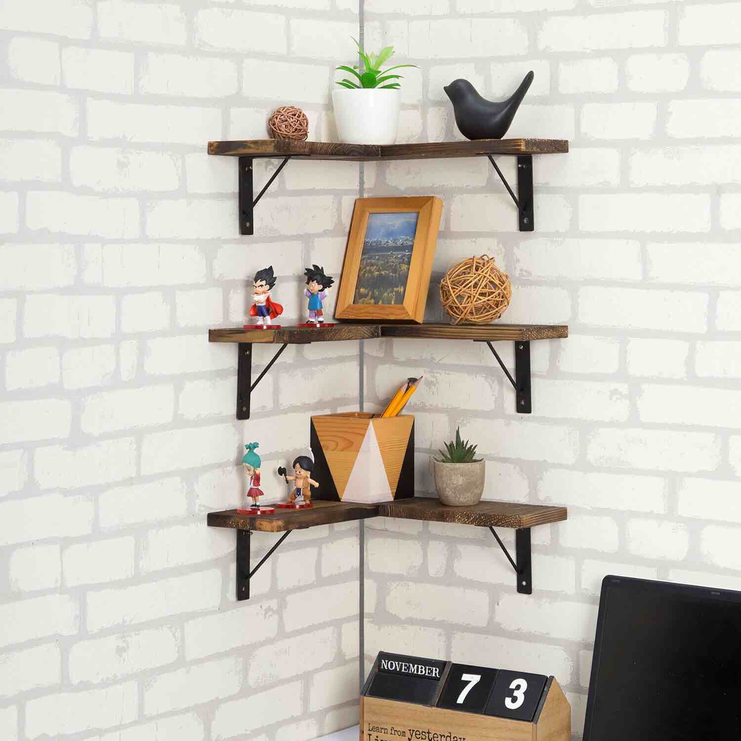 Wall Mounted L-Shaped Corner Floating Shelf in Solid Burnt Wood w/Black Metal