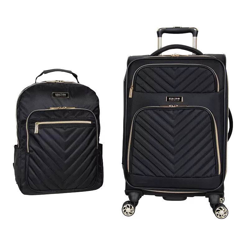 Kenneth Cole Reaction Women's Chelsea Luggage Chevron Softside 8-Wheel Spinner Expandable Suitcase, Black, 2pc Bundle (Carry On+Backpack)