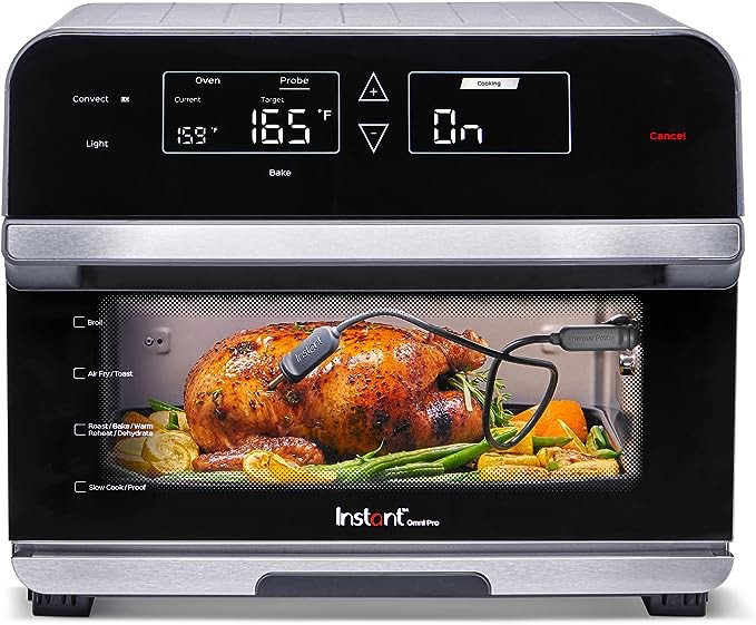Instant Omni Pro 14-in-1 Air Fryer, Rotisserie and Convection Oven, Electric Cooker, Proofer, Dehydrator, Broiler, Roaster, Warmer,1800W, with Split Cook & Temperature Probe, Black and Stainless Steel