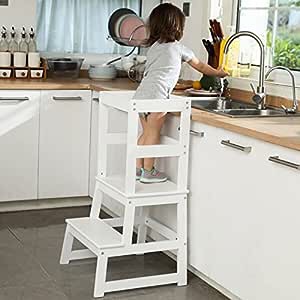 Height Adjustable Kitchen Step Stool for Toddlers, Kids Montessori Learning Stool, Children Standing Helper,Baby Standing Tower for Counter (White)