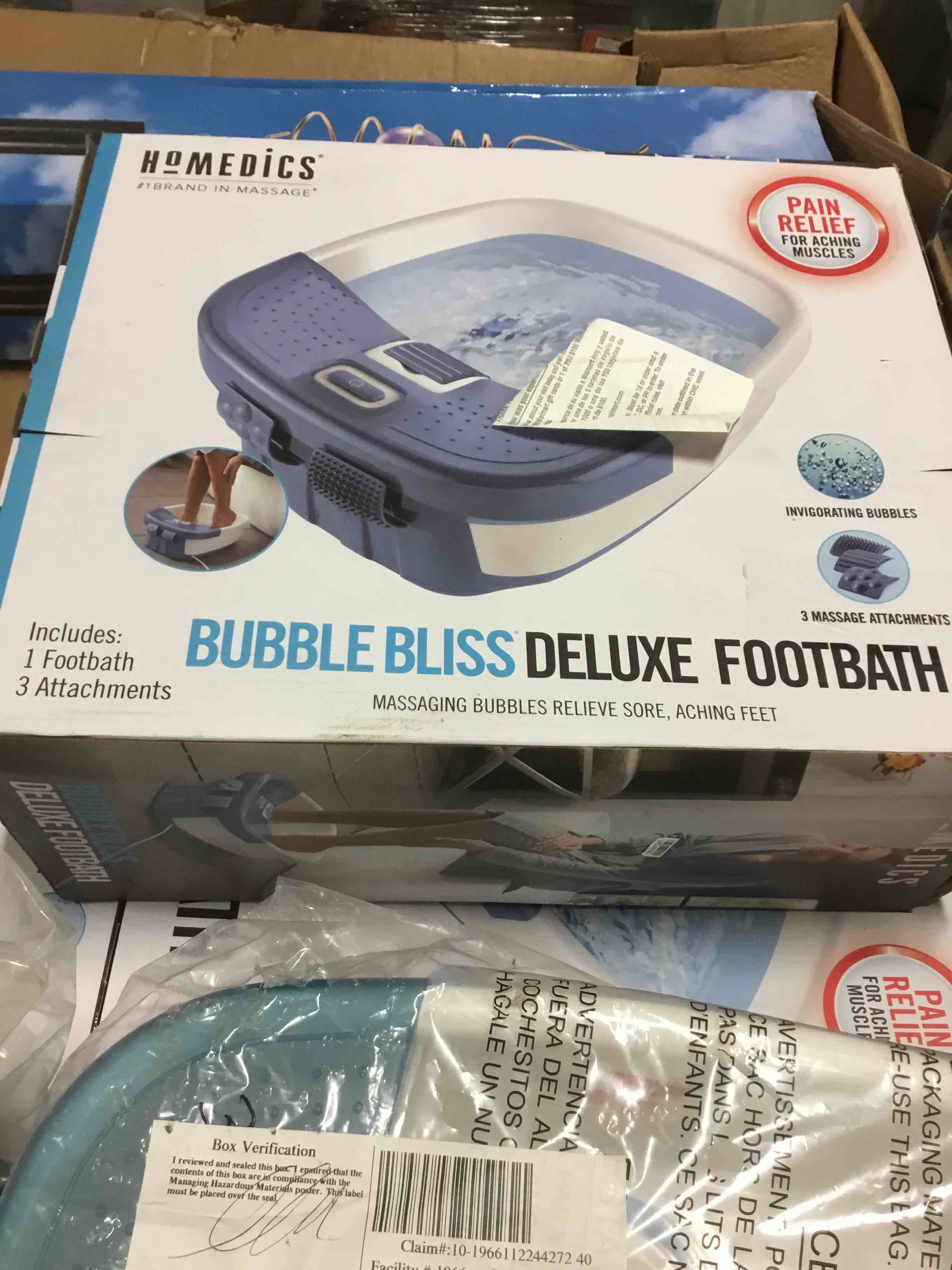Pallet lot of Homedics Bubble Bliss Deluxe Footbath. Approximately 35