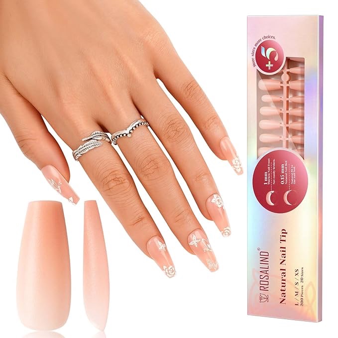 ROSALIND Nail Tips Kit, Half Matte Medium Coffin Fake Nail Tips with Nail Glue Gel Top Coat LED Nail Lamp Nail Buffer File Nail Clipper, 600PCS Full Cover False Nail Tips12 Sizes Nail Extension Kit