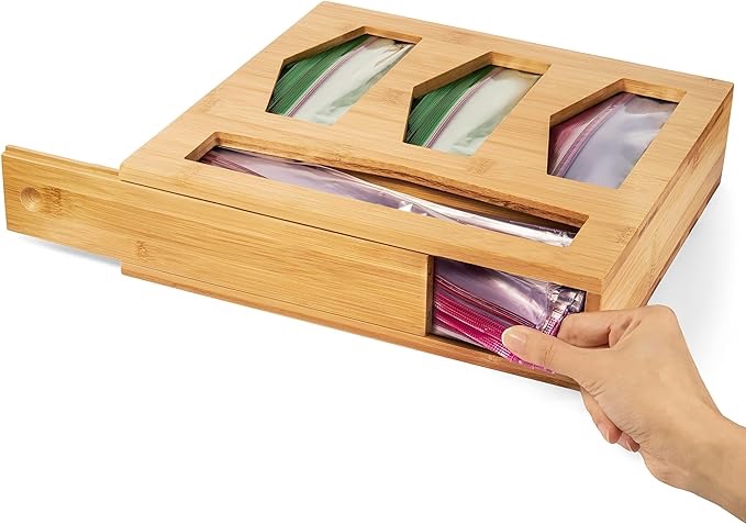 Simply Neat Drawer Organizer for Storing Ziplock Bags - New Sliding Doors - Durable Bamboo Dispenser For Plastic Baggie - Kitchen plastic bag Storage - Compatible w/Most Brand's Regular + Slider Bags