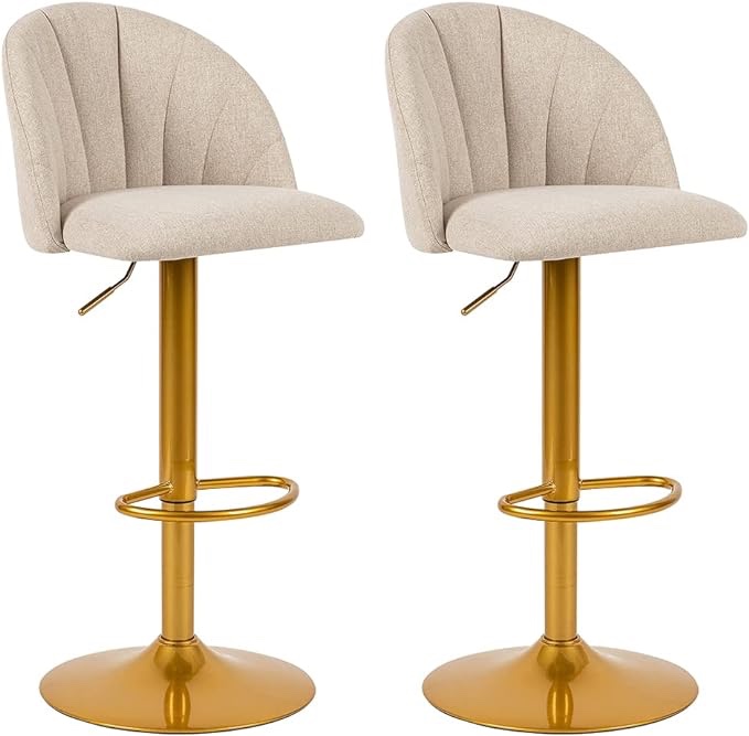 GIA Home Furniture Series Bar Height Adjustable and Swivel Metal Stool with Linen Upholstered Seat,Gold Iron Frame,Set of 2,Beige