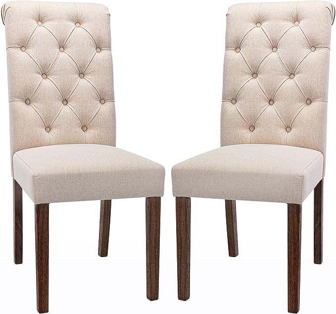 COLAMY Tufted Dining Room Chairs Set of 2, Accent Parsons Diner Chairs Upholstered Fabric Side Stylish Kitchen Chairs with Solid Wood Legs and Padded Seat - Beige