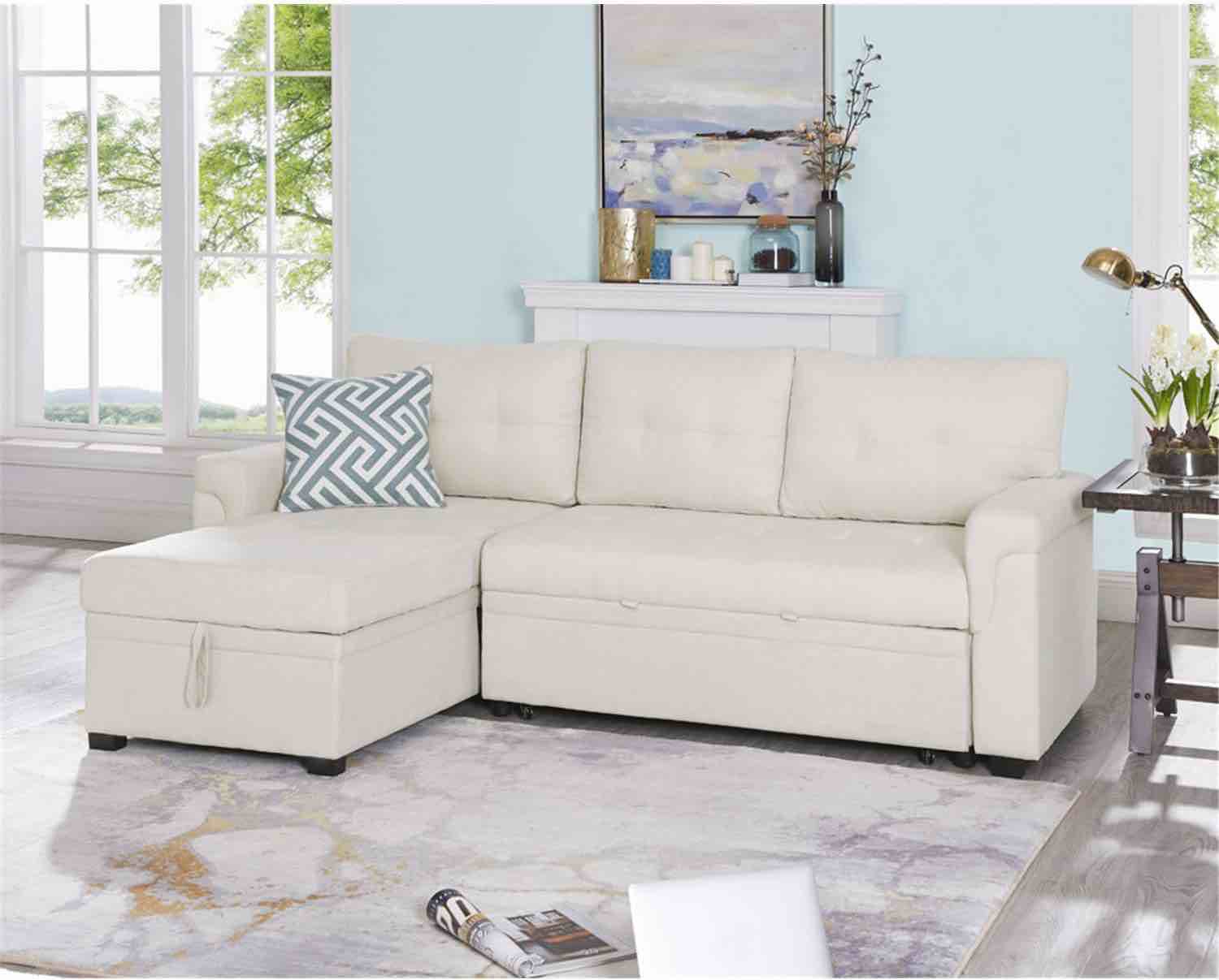 NAOMI  HOME perry modern sectional sofa with storage chaise-velvet cream (complete, 2 boxes)