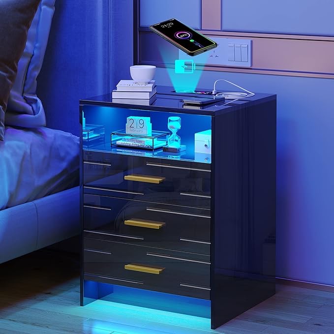 Nightstand with Charging Station, High Gloss Black Night Stands with Wireless/USB/Type-C Charging Station, Human Body Induction Smart Bedside Tables, 3 Drawers/20 Color Modes