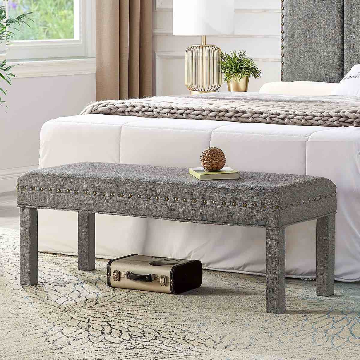 24KF Upholstered Linen Bed Bench with Nail Head Trim,Padded Tufted Bench - Granite
